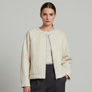 NYMANE Reversible Bomber Jacket Cream Mixed Media Full Zip Cropped Coat Small